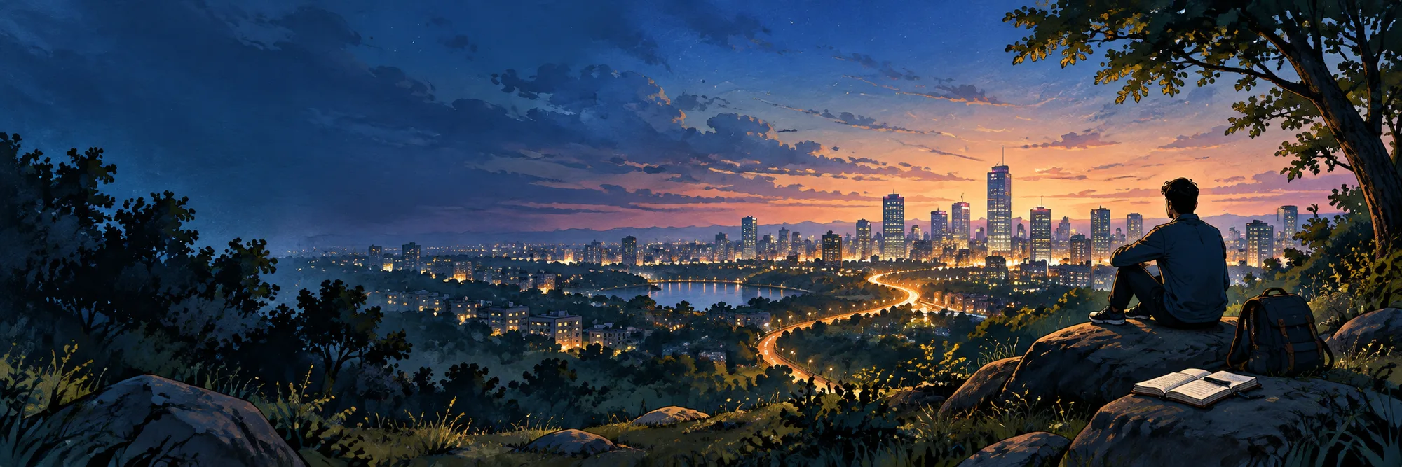 Illustrated evening view over Bangalore representing collaboration and shared progress
