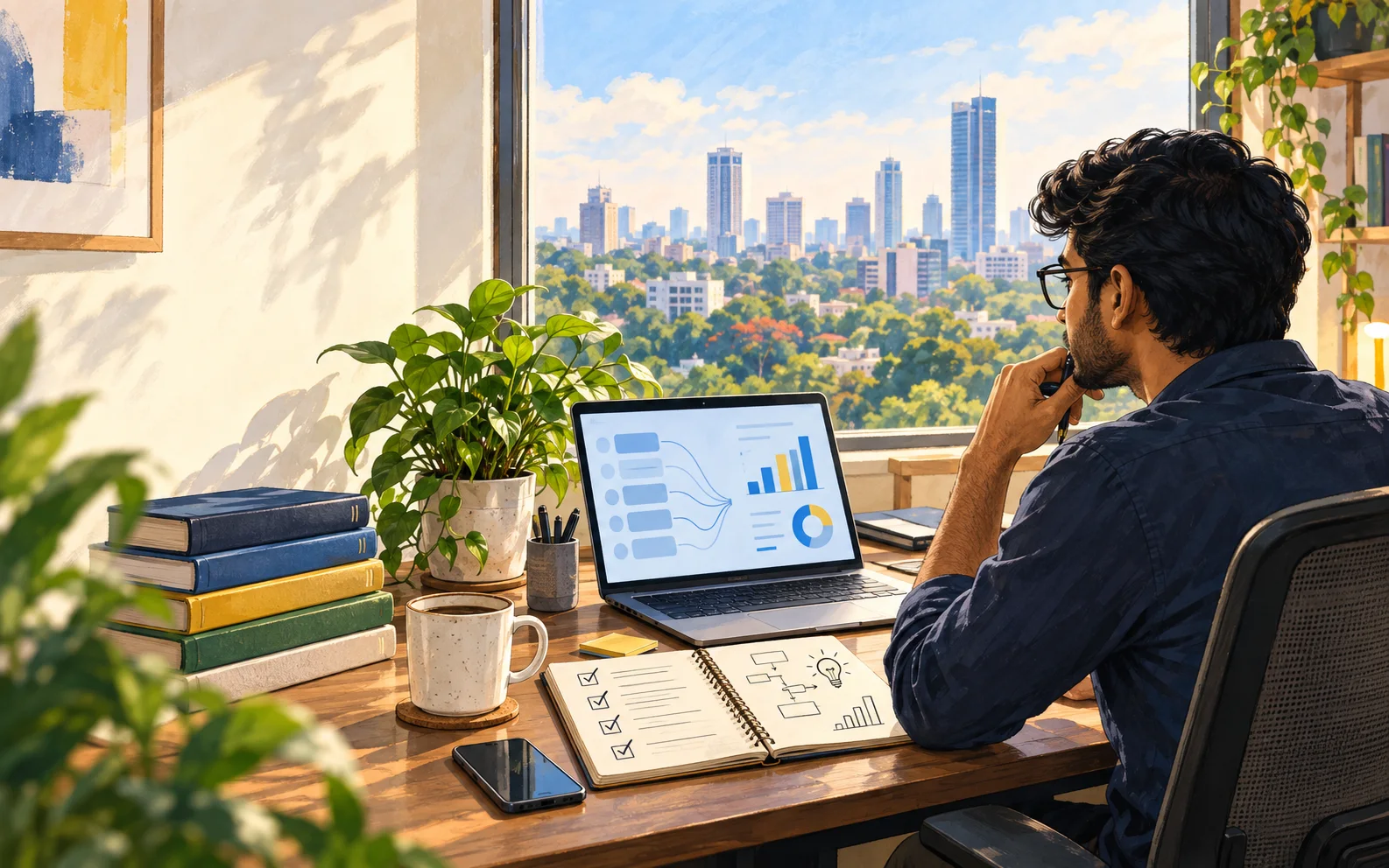 Illustration of a business analyst thinking at a desk overlooking Bangalore