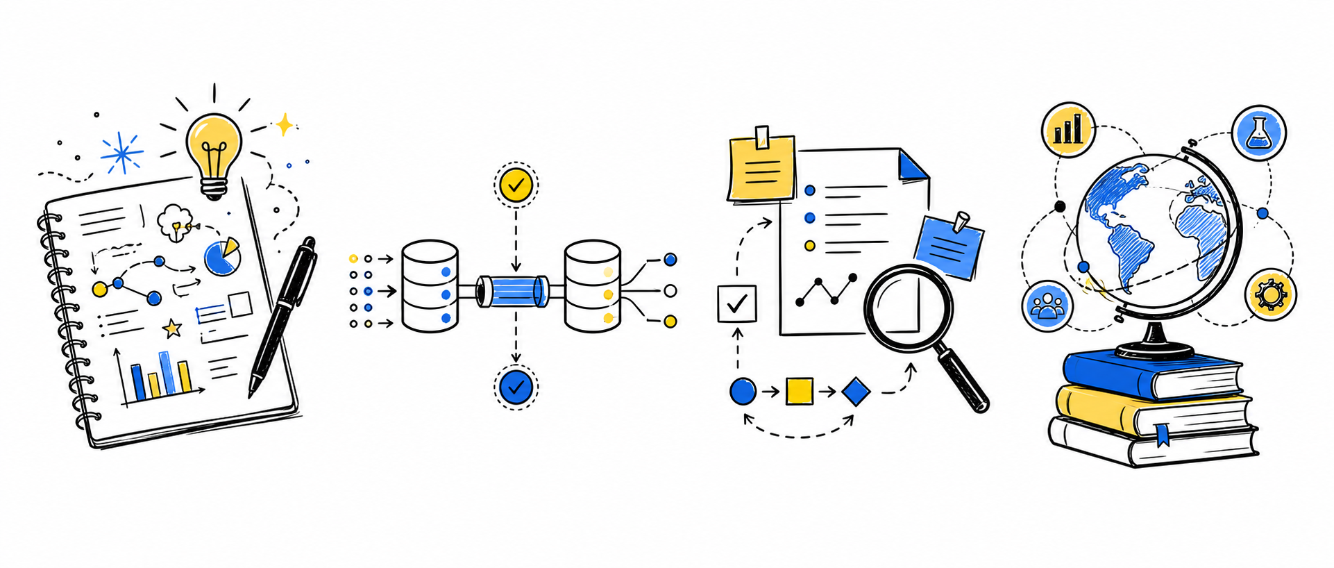 Sketched notebook, pipeline, requirements and domain scenes