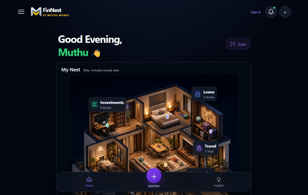 FinNest prototype with an isometric home and categories for personal information