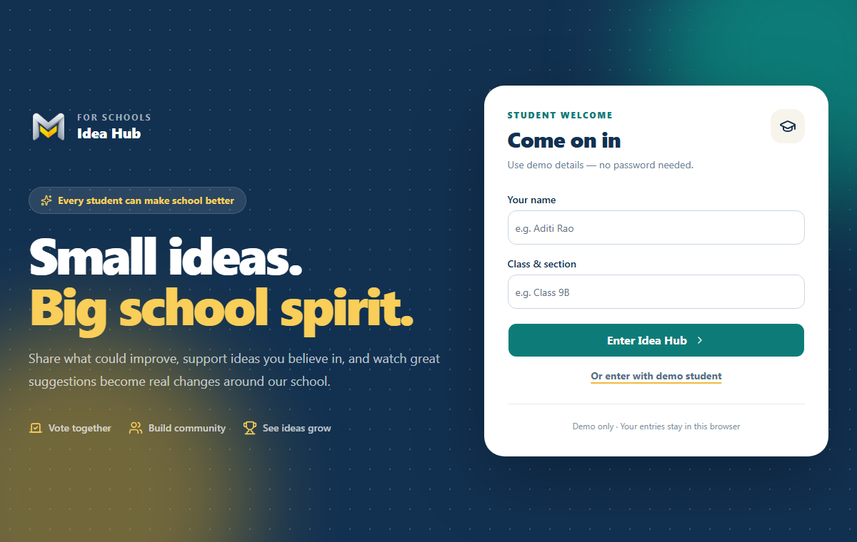 School Idea Hub welcome screen inviting students to share suggestions